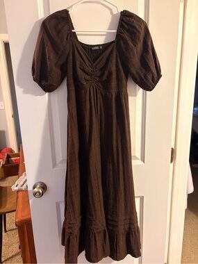 Brown Puff-Sleeve Maxi Dress